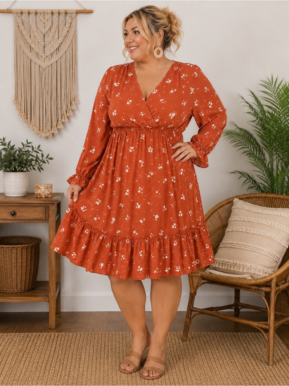 Inspired Hearts 3X Rust Orange Floral Ruffle Tiered Maxi Dress